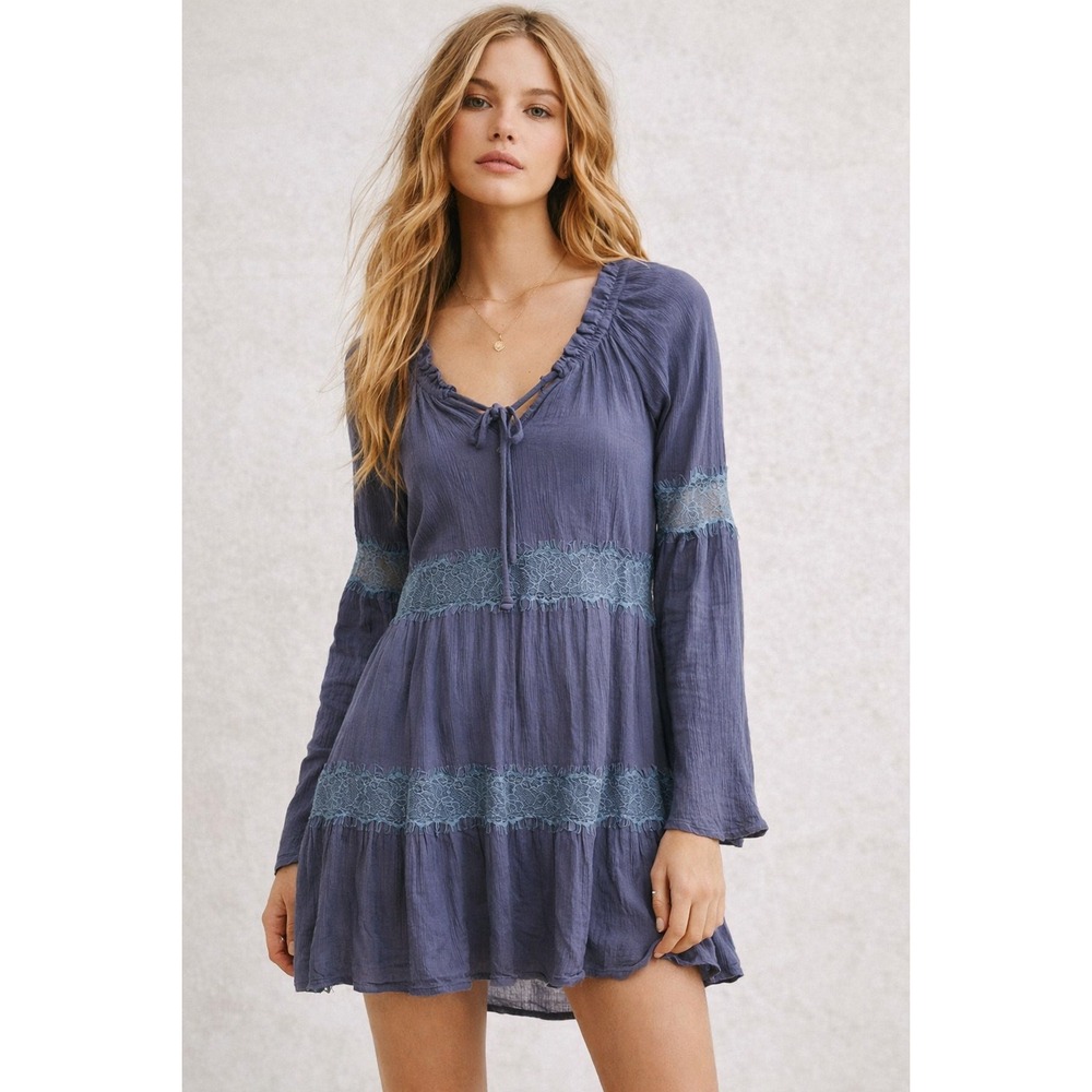 SOCIALITE Womens Navy Blue Lace Tiered Ruffle Long Sleeve Dress‎ XS Boho Fairy